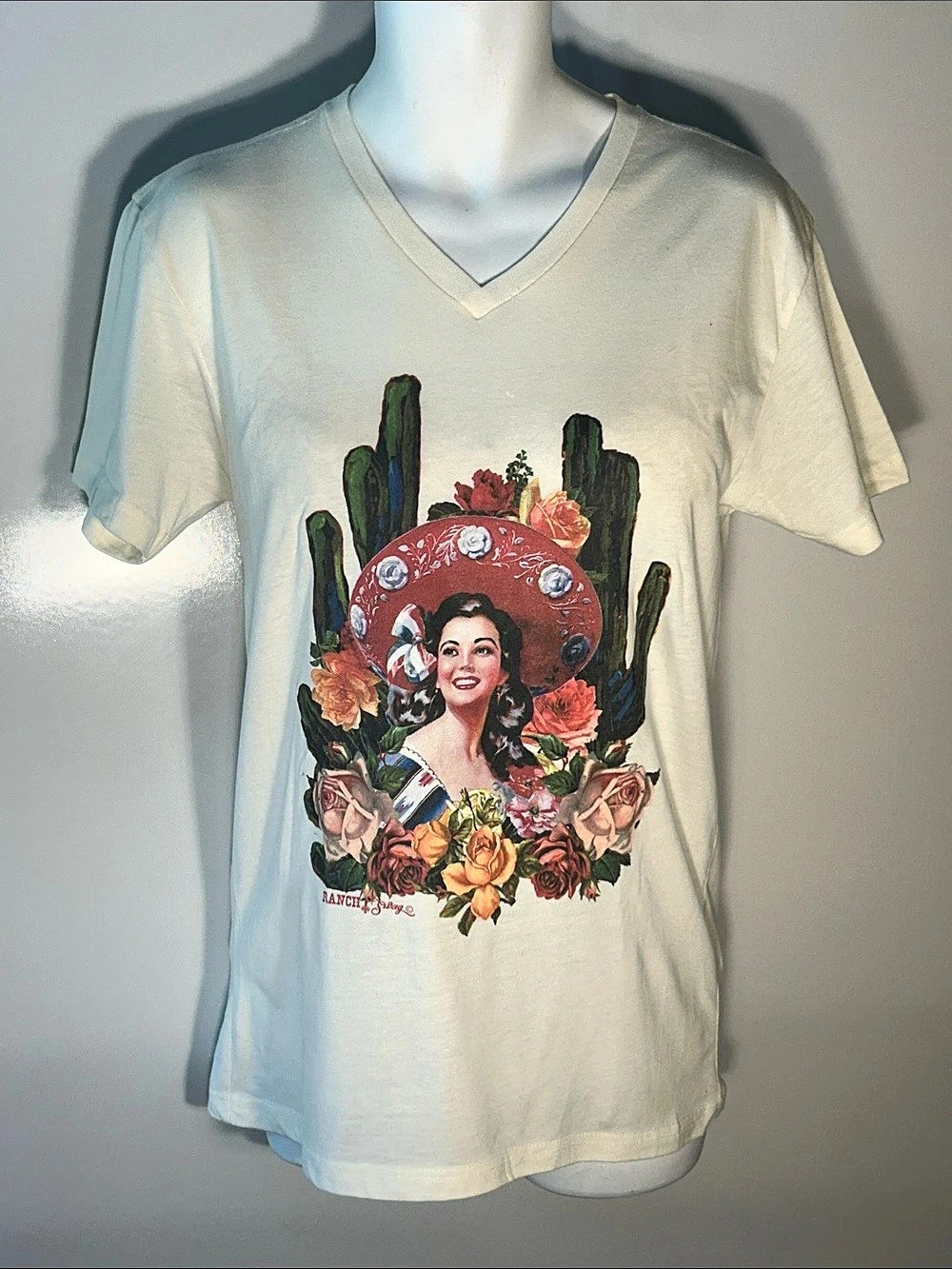Next Level Ranch Swag Hola Senorita Cream Graphic V-Neck Tee Ranch Western